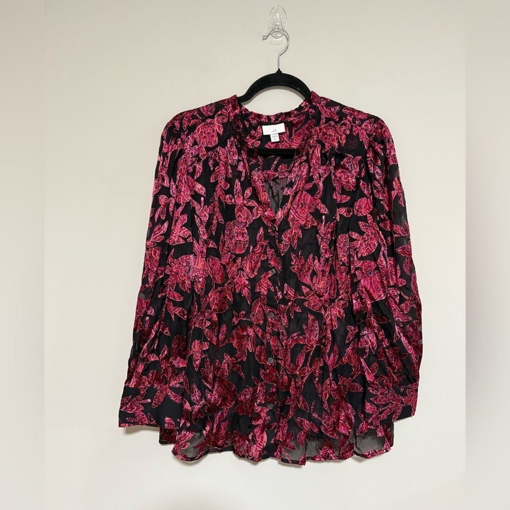 J. Jill Red/Black Ruffled Burnout Long Sleeve Top Size XL Petite Romantic
